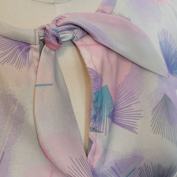 Vintage Dress Fans Feather Polyester Three R's Tie Neck Belted Short Sleeve 70s - Picture 5 of 9